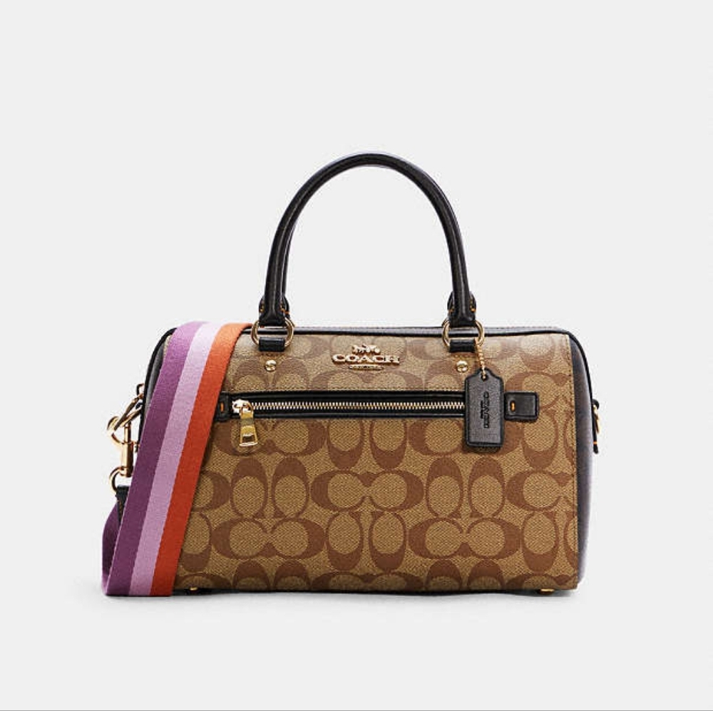 Coach Tan Signature Satchel with Colorful Strap